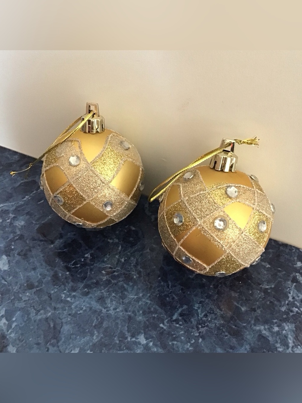 Christmas Goold Color Ornaments Holiday baubles glitter and rhinestones Cottage